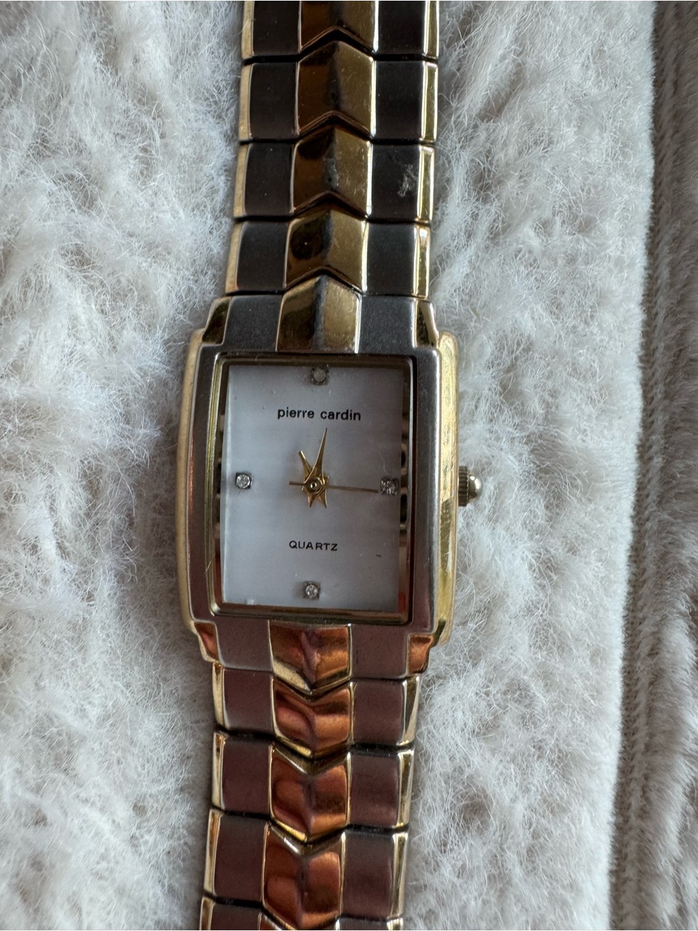 Pierre Cardin Two-Tone Rectangular Quartz Watch White Dial Link Bracelet PC4498T